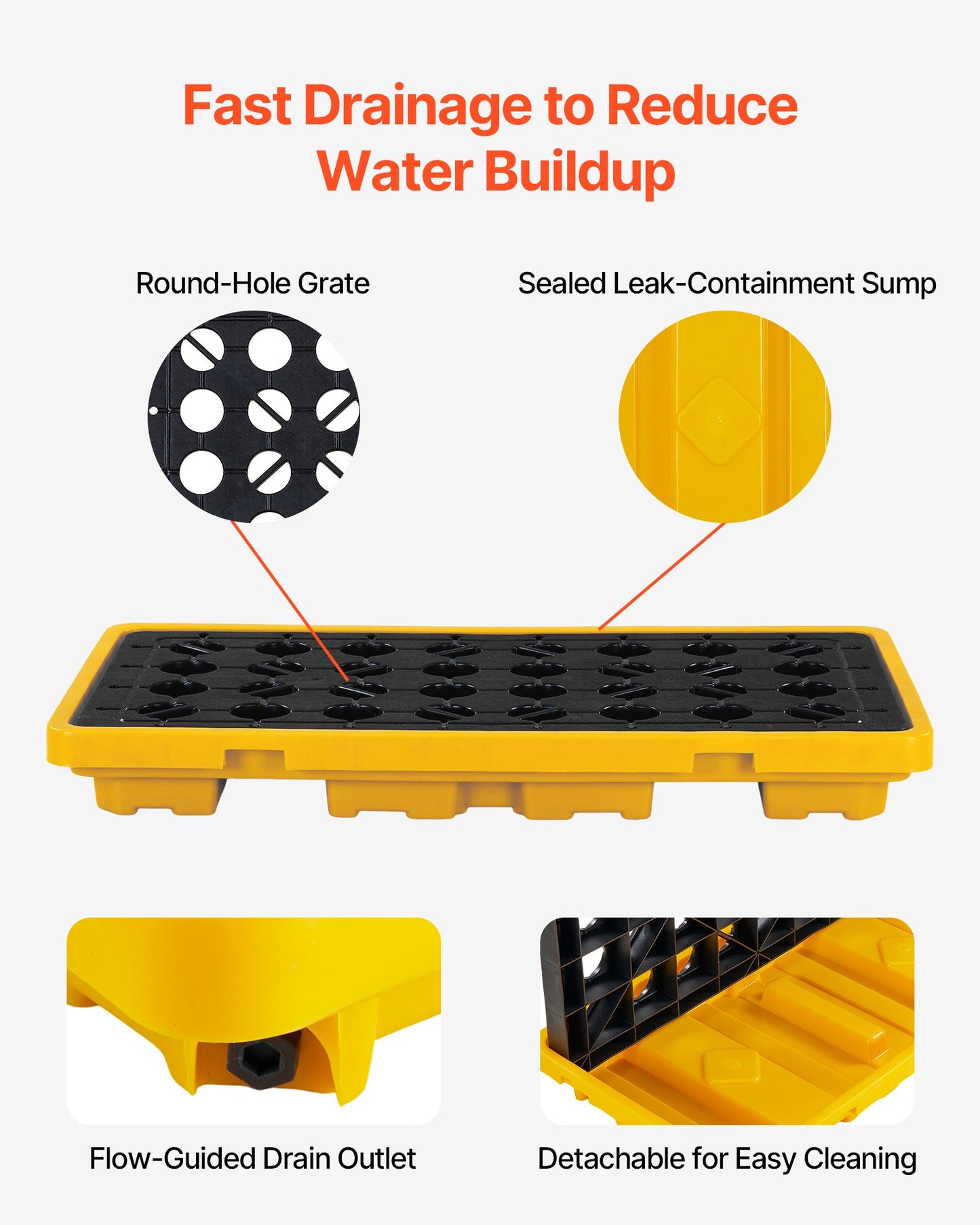 Spill Containment Pallet, 2 Drum Low Profile Spill Containment Modular Platform, 79.5 L Sump Capacity, 2000 kg Load Capacity, Heavy-Duty Polyethylene Tray with Drain, 1316 x 680 x 150 mm, Yellow