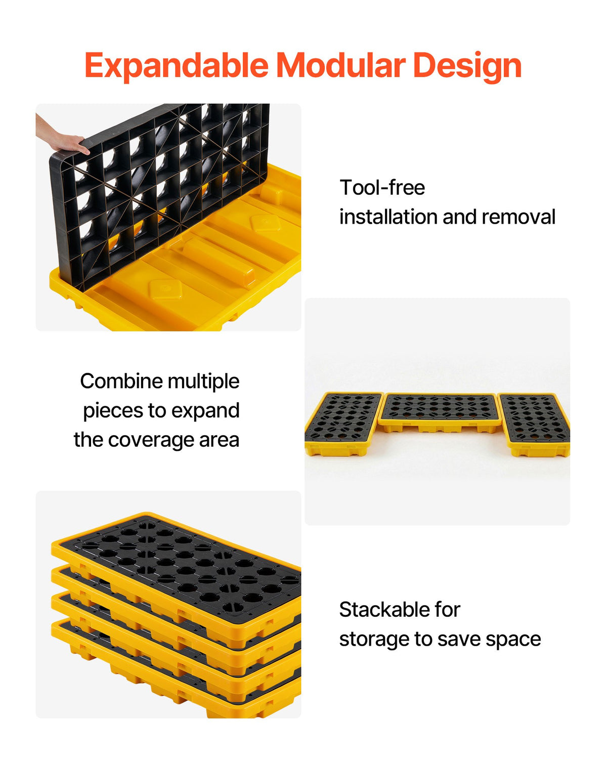 Spill Containment Pallet, 2 Drum Low Profile Spill Containment Modular Platform, 79.5 L Sump Capacity, 2000 kg Load Capacity, Heavy-Duty Polyethylene Tray with Drain, 1316 x 680 x 150 mm, Yellow