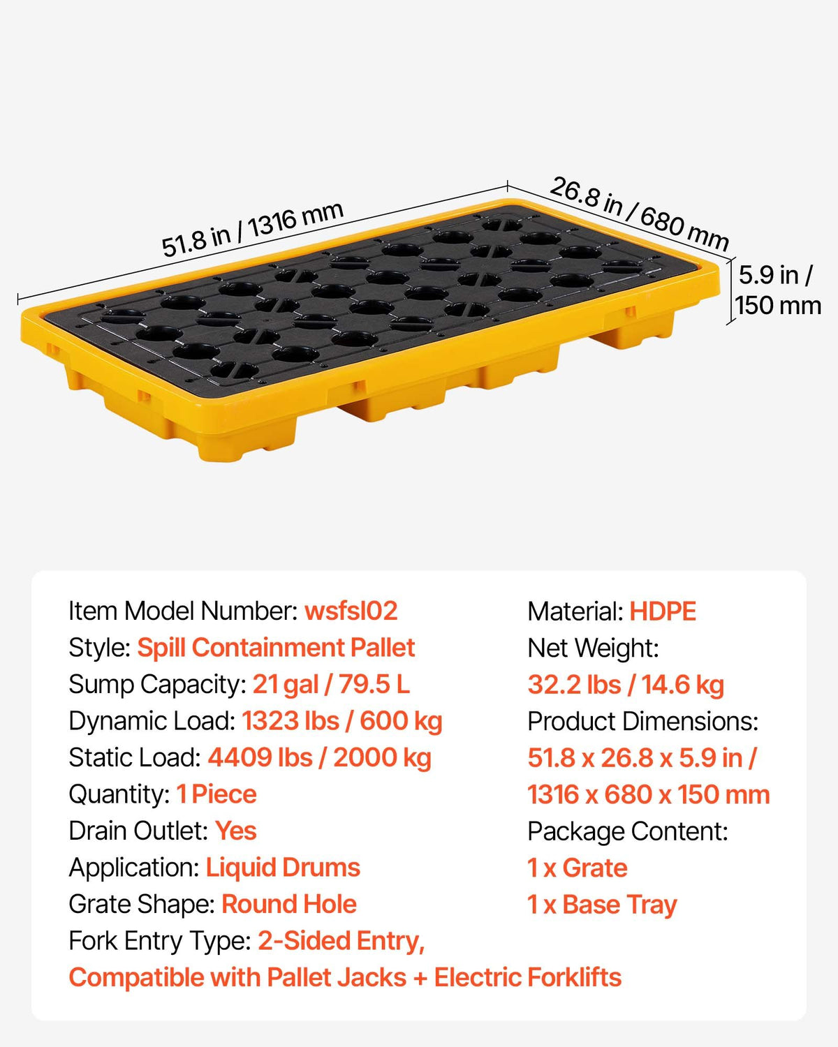Spill Containment Pallet, 2 Drum Low Profile Spill Containment Modular Platform, 79.5 L Sump Capacity, 2000 kg Load Capacity, Heavy-Duty Polyethylene Tray with Drain, 1316 x 680 x 150 mm, Yellow