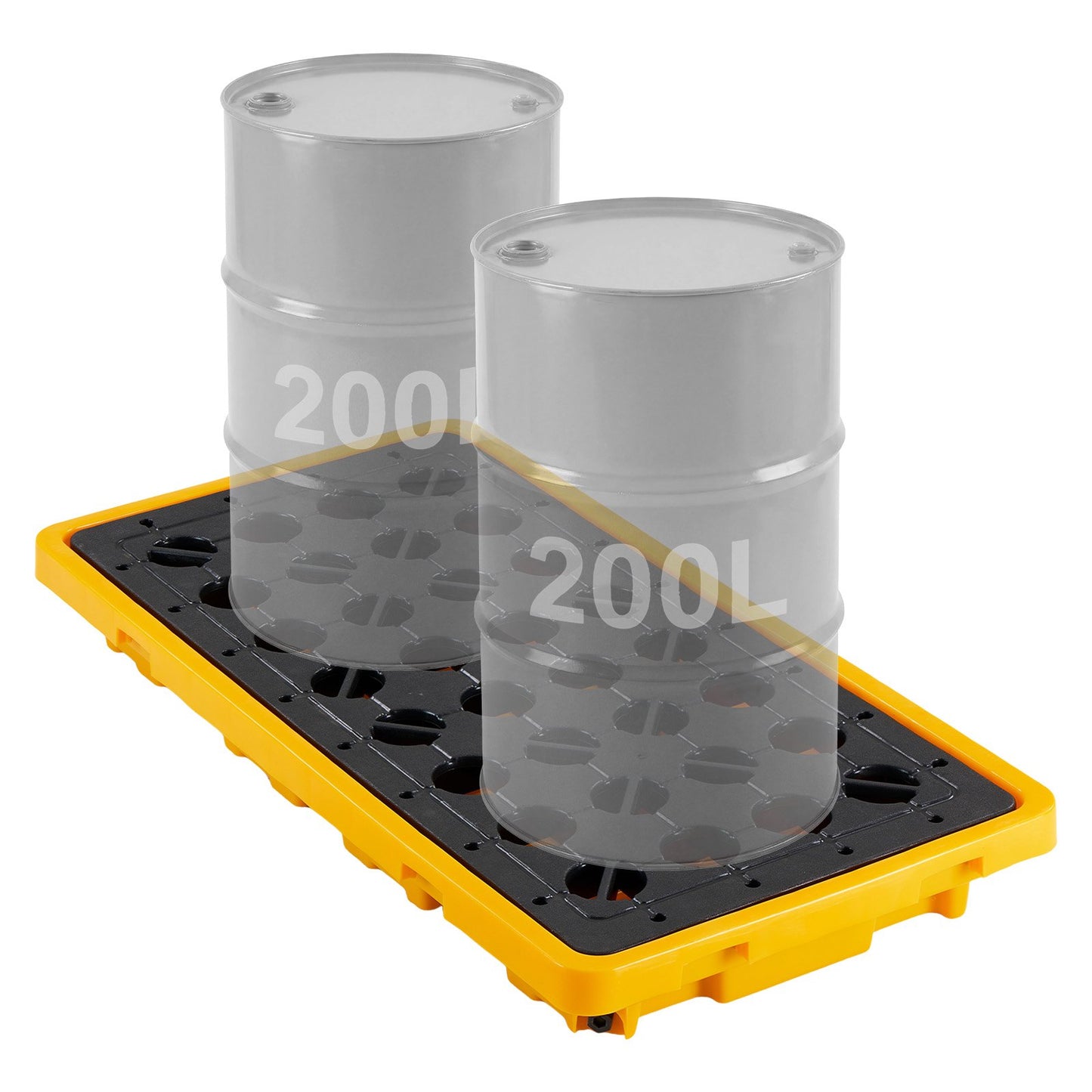 Spill Containment Pallet, 2 Drum Low Profile Spill Containment Modular Platform, 79.5 L Sump Capacity, 2000 kg Load Capacity, Heavy-Duty Polyethylene Tray with Drain, 1316 x 680 x 150 mm, Yellow