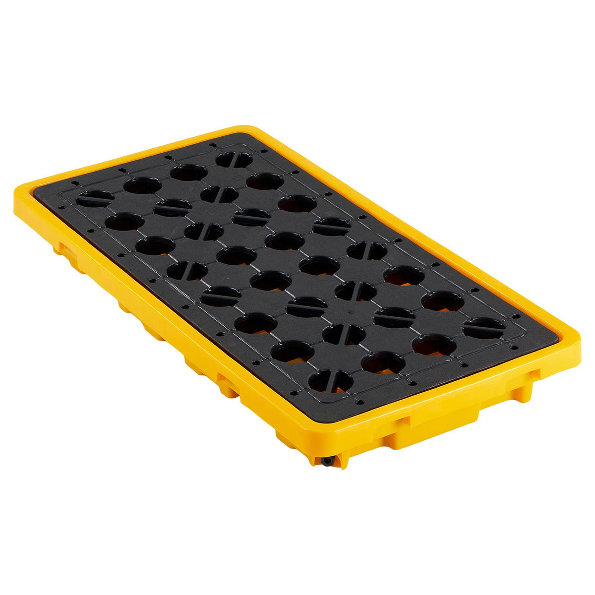 Spill Containment Pallet, 2 Drum Low Profile Spill Containment Modular Platform, 79.5 L Sump Capacity, 2000 kg Load Capacity, Heavy-Duty Polyethylene Tray with Drain, 1316 x 680 x 150 mm, Yellow