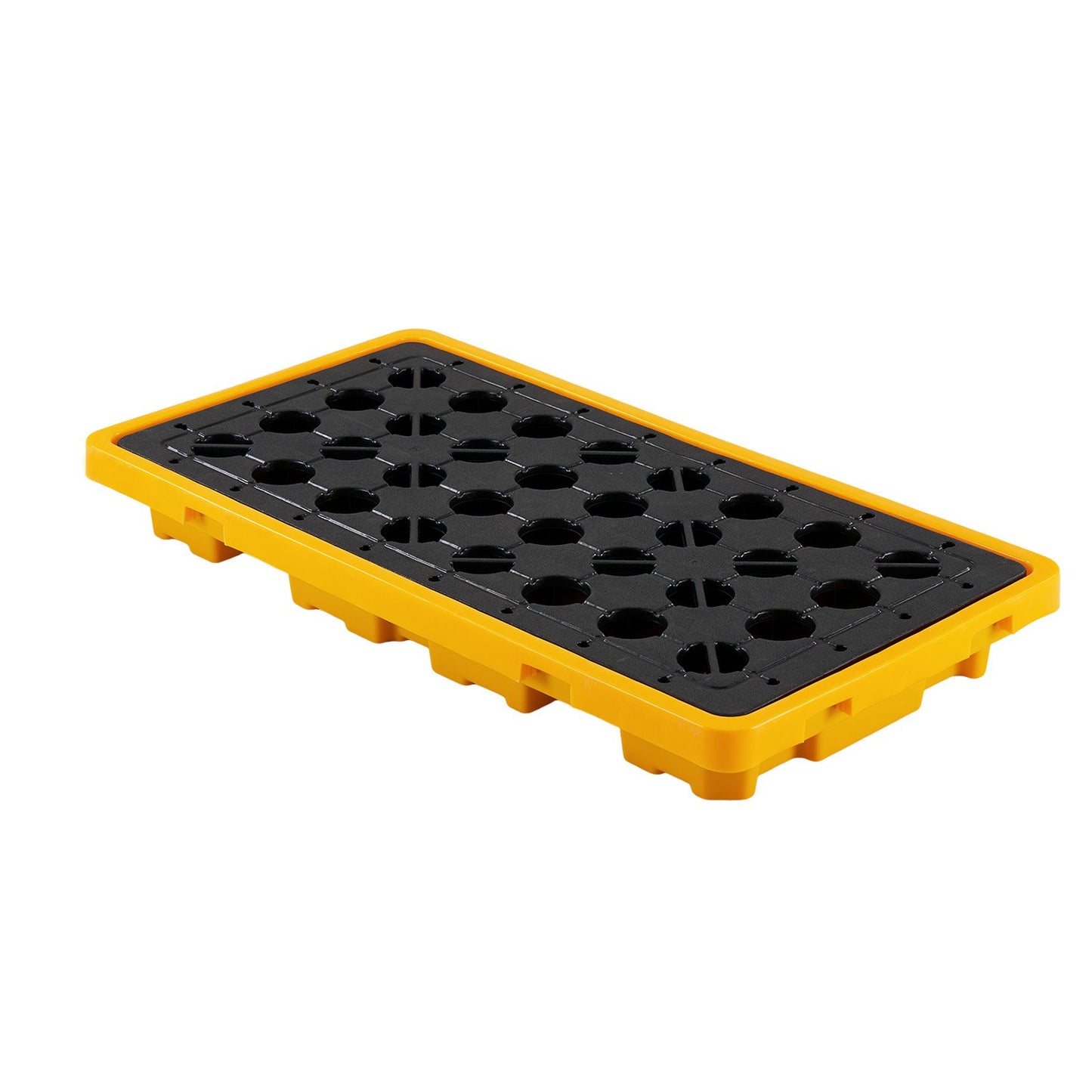 Spill Containment Pallet, 2 Drum Low Profile Spill Containment Modular Platform, 79.5 L Sump Capacity, 2000 kg Load Capacity, Heavy-Duty Polyethylene Tray with Drain, 1316 x 680 x 150 mm, Yellow