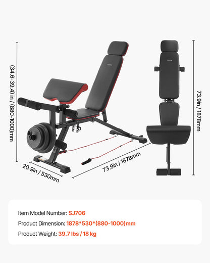 VEVOR Weight Bench Sit up Bench Home Gym Strength Training Workout Adjustable