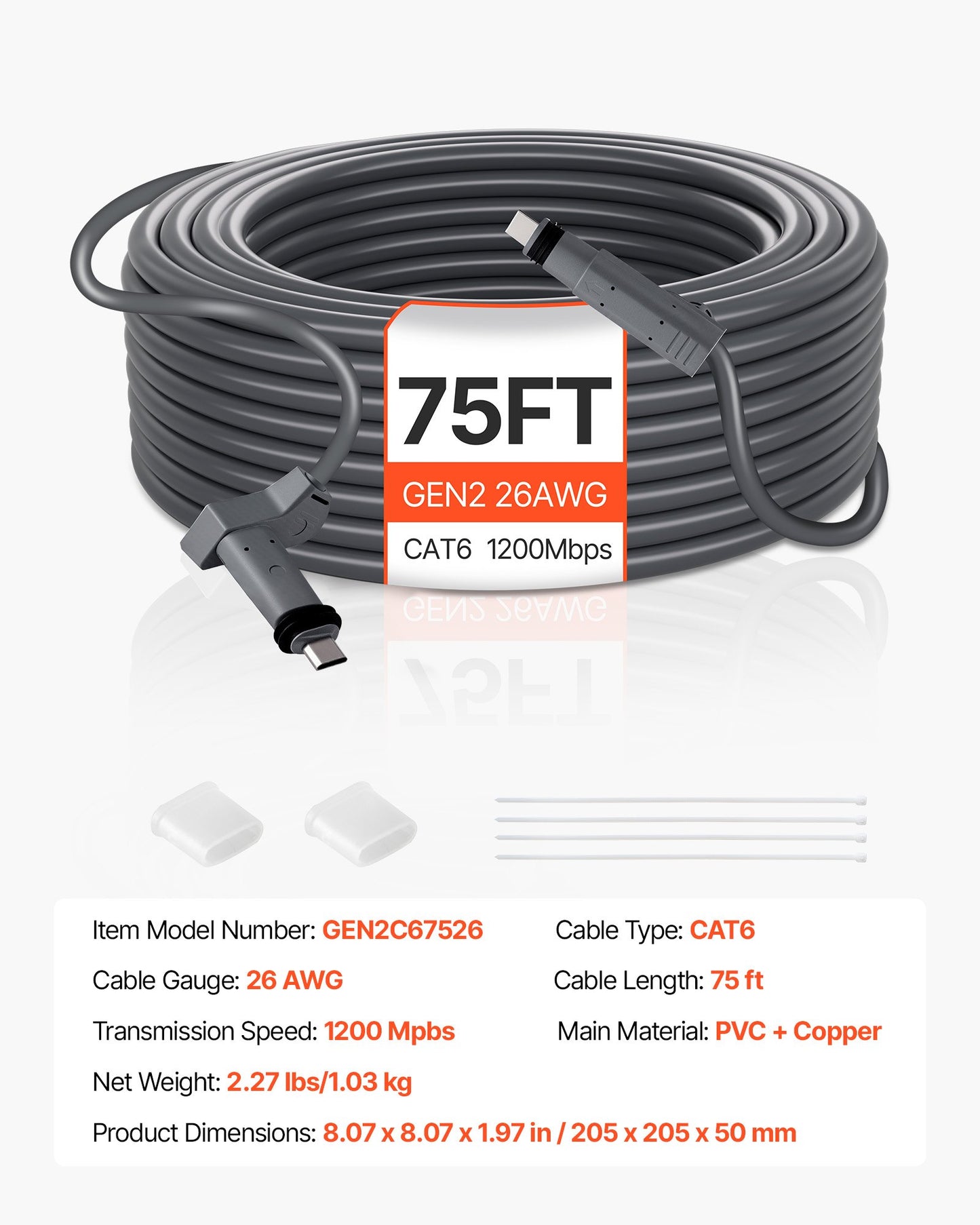 Starlink Gen 2 Cable, 22.86 m, 26 AWG Copper Core, Durable Extension Cable for Standard Generation 2, Compatible with Starlink Rectangular Satellite V2, Flexible Wiring for RV, Backyard, Camping