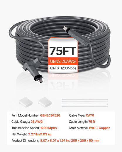 Starlink Gen 2 Cable, 22.86 m, 26 AWG Copper Core, Durable Extension Cable for Standard Generation 2, Compatible with Starlink Rectangular Satellite V2, Flexible Wiring for RV, Backyard, Camping