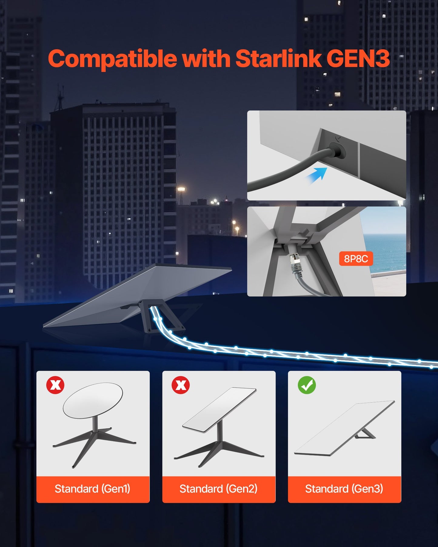 Starlink Gen 3 Cable, 30.48 m, 24 AWG Copper Core, Durable Extension Cable for Standard Generation 3, Compatible with Starlink Rectangular Satellite V3, Flexible Wiring for RV, Backyard, Camping