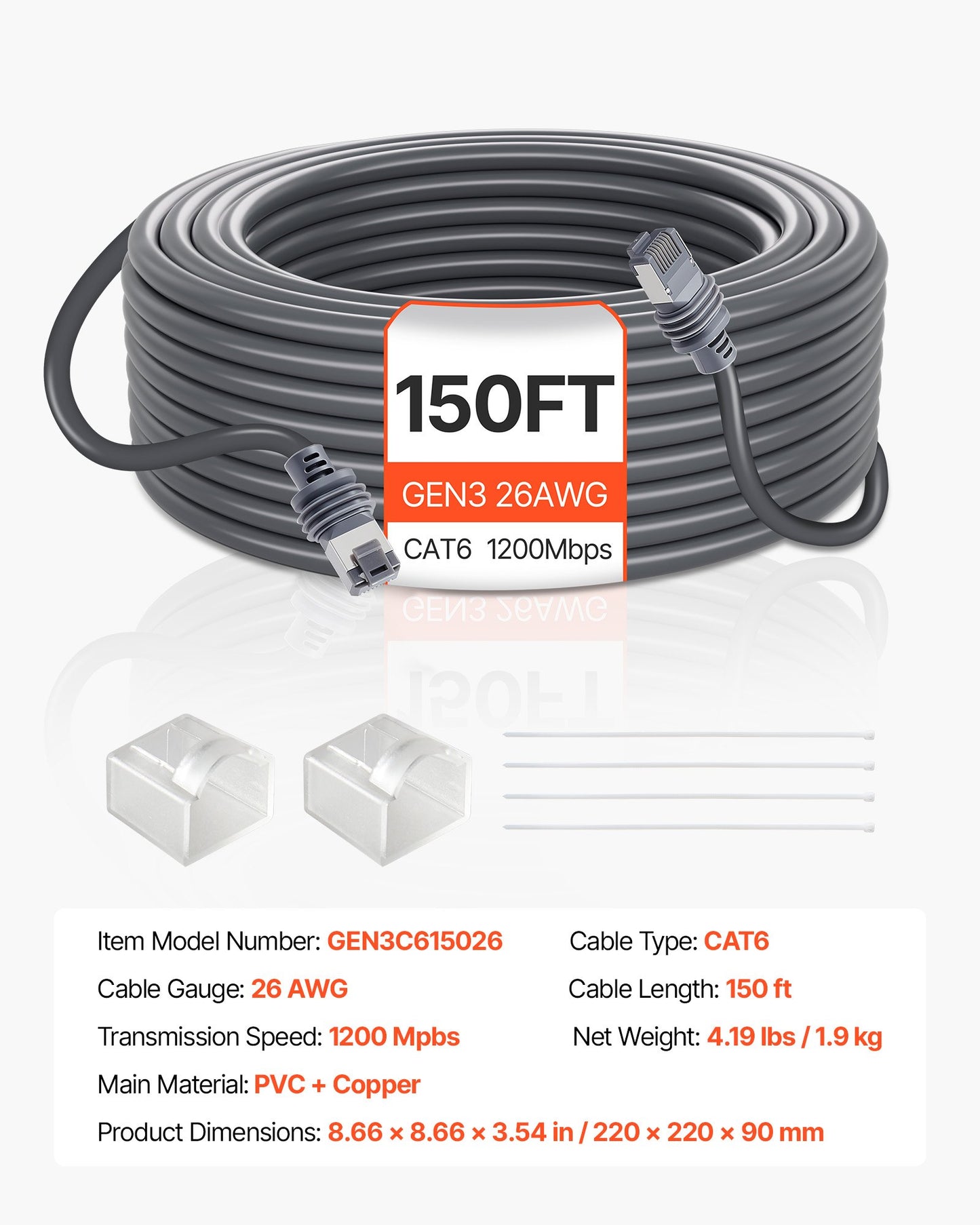 Starlink Gen 3 Cable, 45.72 m, 26 AWG Copper Core, Durable Extension Cable for Standard Generation 3, Compatible with Starlink Rectangular Satellite V3, Flexible Wiring for RV, Backyard, Camping