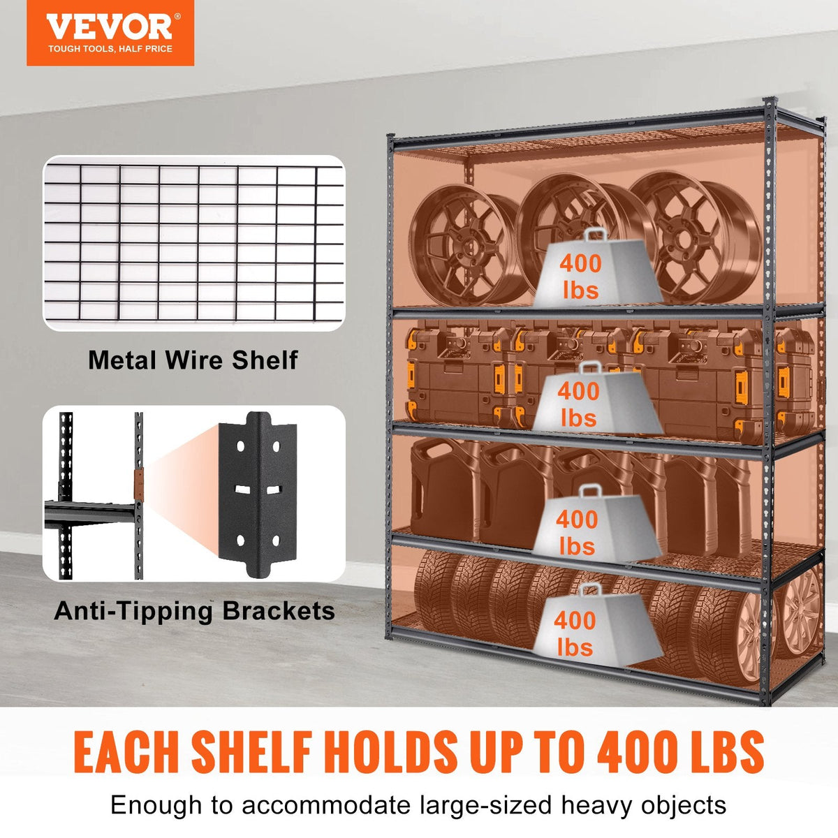 Heavy-duty metal storage shelves support up to 400 pounds on each adjustable tier