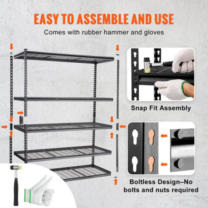 Black five-tier adjustable garage shelving unit with 2,000-pound total capacity and wire racks