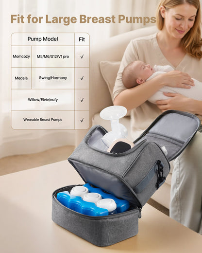 Breast Pump Bag, Breast Feeding Bag with Ice Pack, Fits for S1/S2, Pumping Accessories & Breastmilk Storage, Portable Pump Carrying Case for Work, Travel and Family Use, Grey