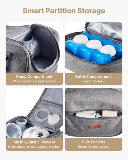 Breast Pump Bag, Breast Feeding Bag with Ice Pack, Fits for S1/S2, Pumping Accessories & Breastmilk Storage, Portable Pump Carrying Case for Work, Travel and Family Use, Grey