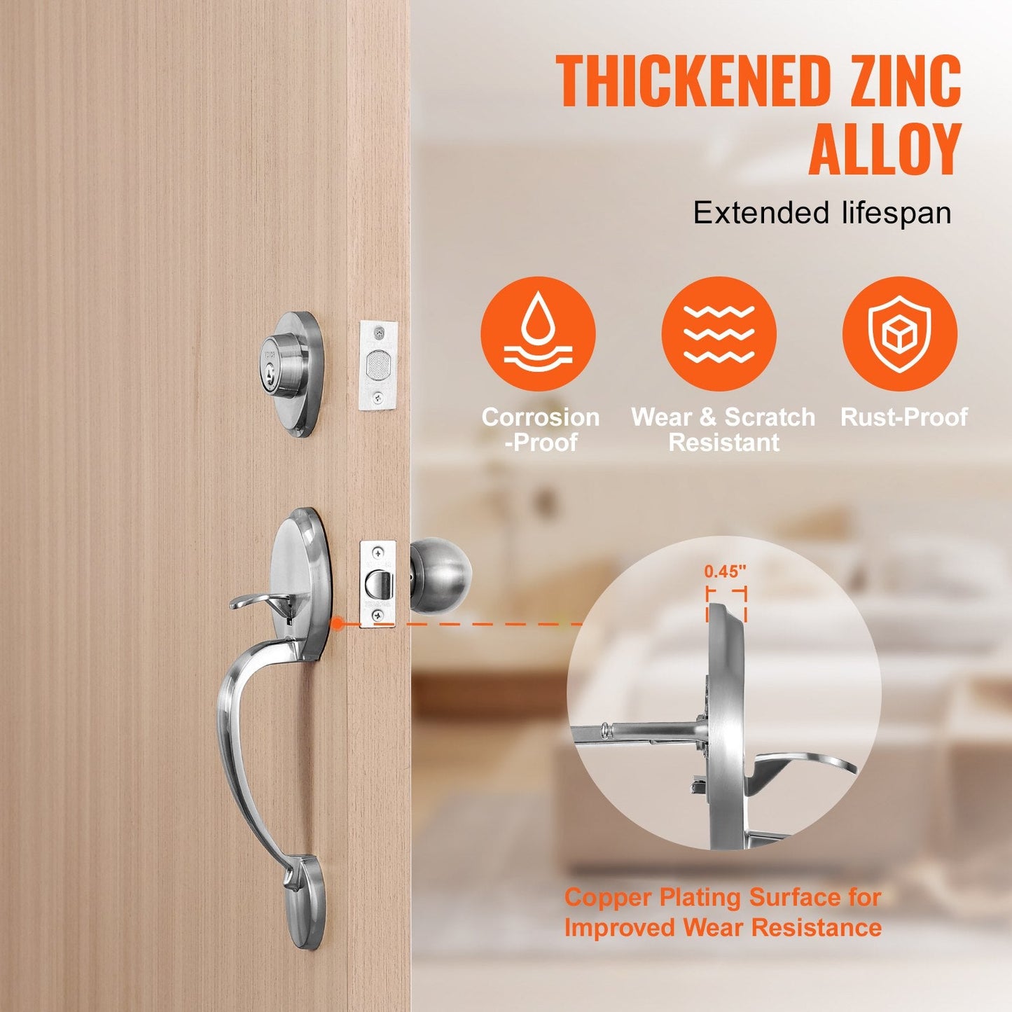 Satin Nickel Door Handle & Deadbolt Set with Adjustable Latch for Home Use