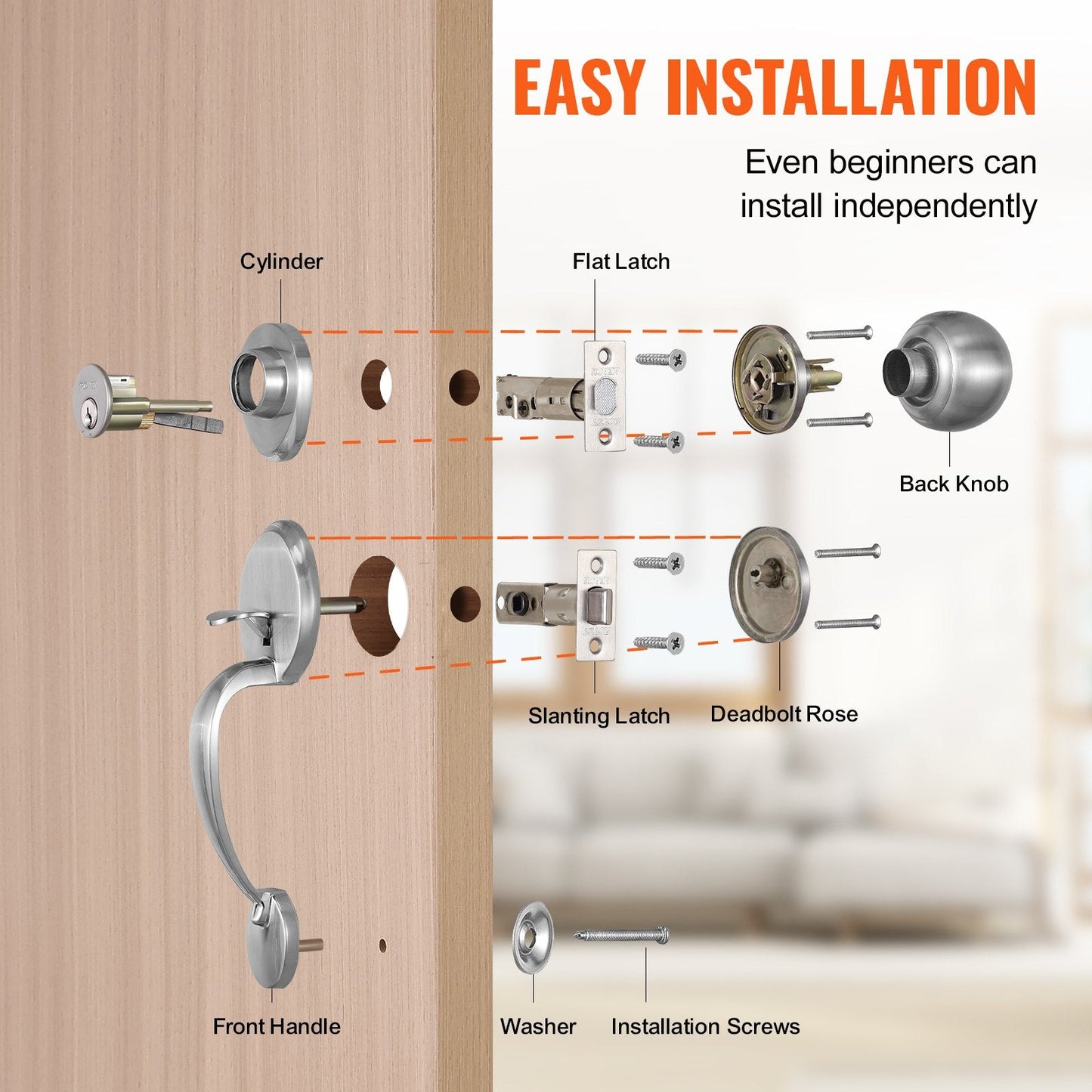 Satin Nickel Door Handle & Deadbolt Set with Adjustable Latch for Home Use