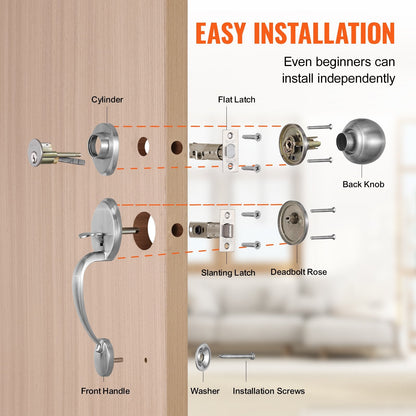 Satin Nickel Door Handle & Deadbolt Set with Adjustable Latch for Home Use