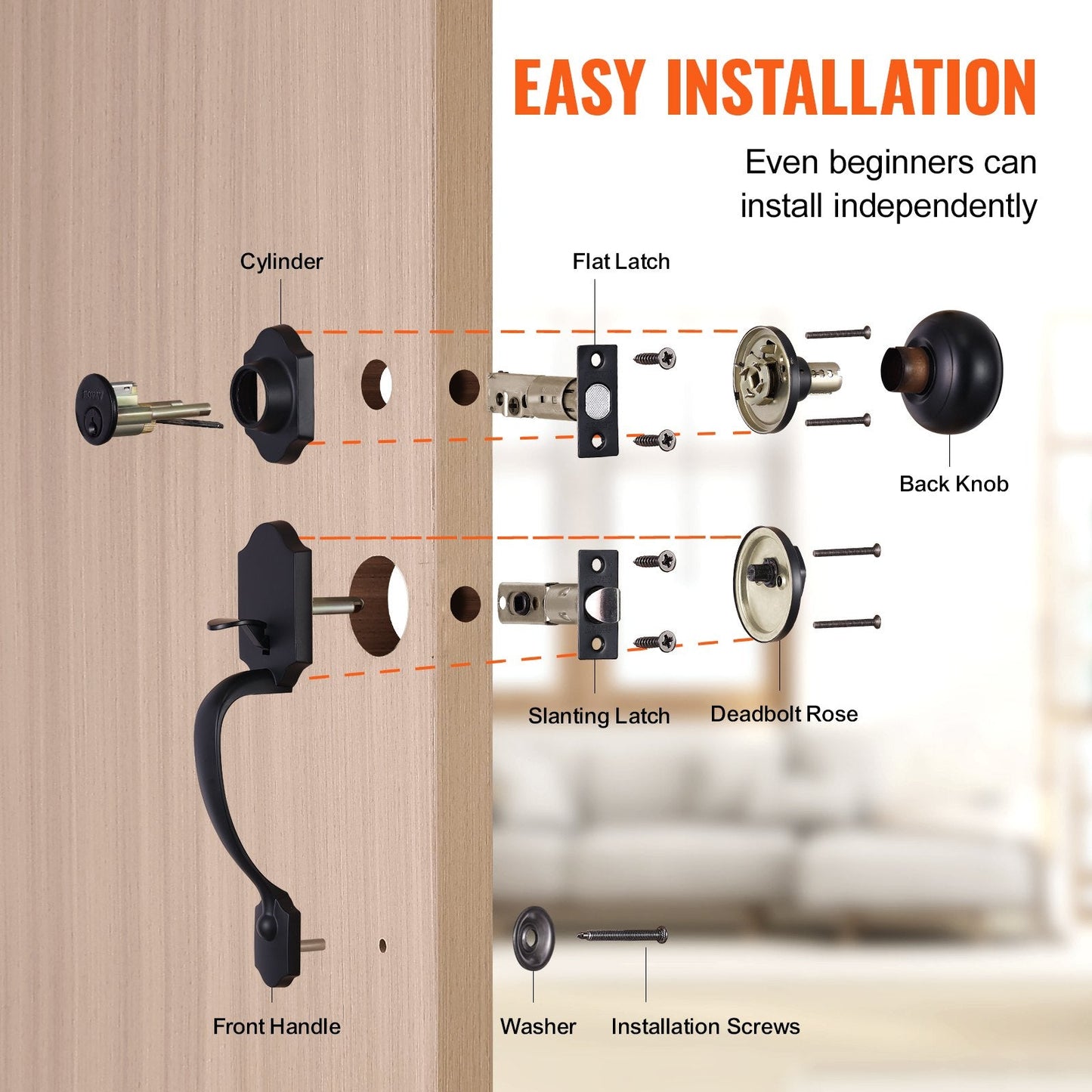 Matte Black Front Door Handleset with Deadbolt, Adjustable for Various Doors