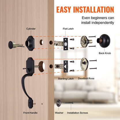 Matte Black Front Door Handleset with Deadbolt, Adjustable for Various Doors