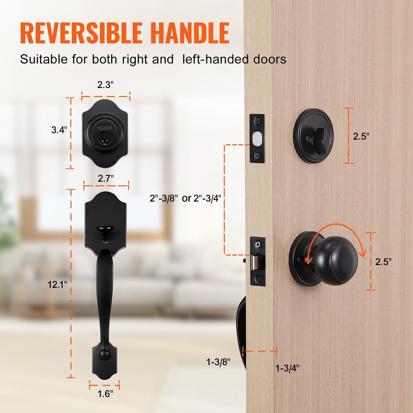 Matte Black Front Door Handleset with Deadbolt, Adjustable for Various Doors
