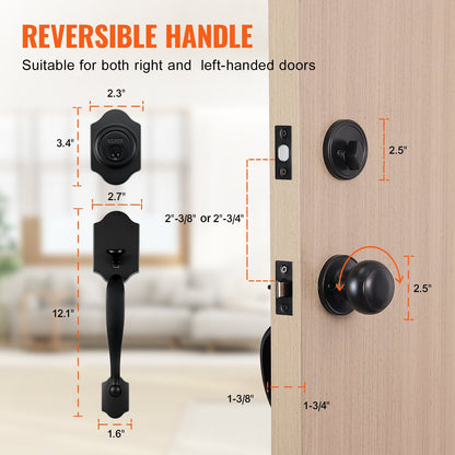 Matte Black Front Door Handleset with Deadbolt, Adjustable for Various Doors
