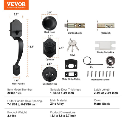 Matte Black Front Door Handleset with Deadbolt, Adjustable for Various Doors