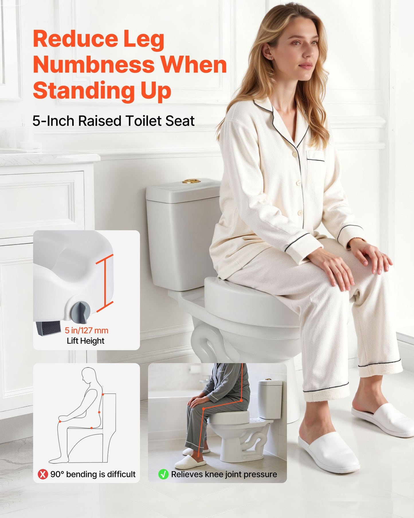 Raised Toilet Seat, 158.8 kg Capacity, 127 mm Lift Height, Commode Elevated Toilet Seat Riser with Enlarged Opening for Seniors, Elderly, Handicap, Disabled, Adults, Fits Elongated & Round Bowl