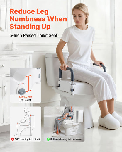 Raised Toilet Seat with Arms, 136.1 kg Load Capacity, 127 mm Lift Height, Widened Commode Elevated Toilet Seat Riser with Padded Handles for Seniors, Elderly, Handicap, Disabled, and Adults Use