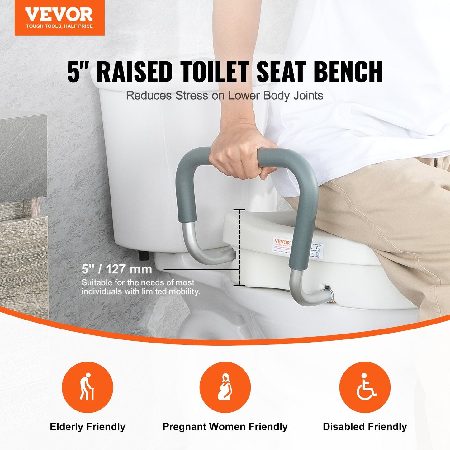 Adjustable Elevated Toilet Seat with Armrests, 127mm Height, 158.7kg Capacity
