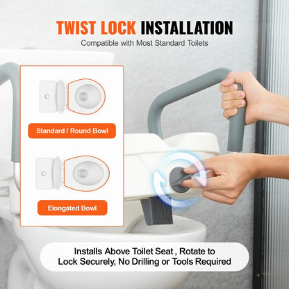 Adjustable Elevated Toilet Seat with Armrests, 127mm Height, 158.7kg Capacity