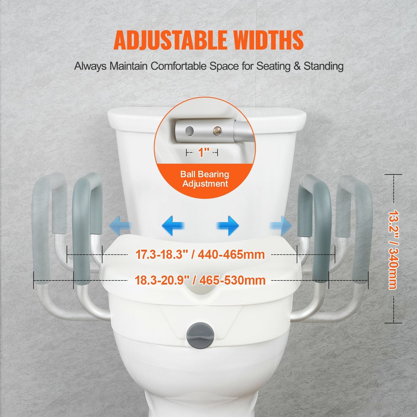 Adjustable Elevated Toilet Seat with Armrests, 127mm Height, 158.7kg Capacity