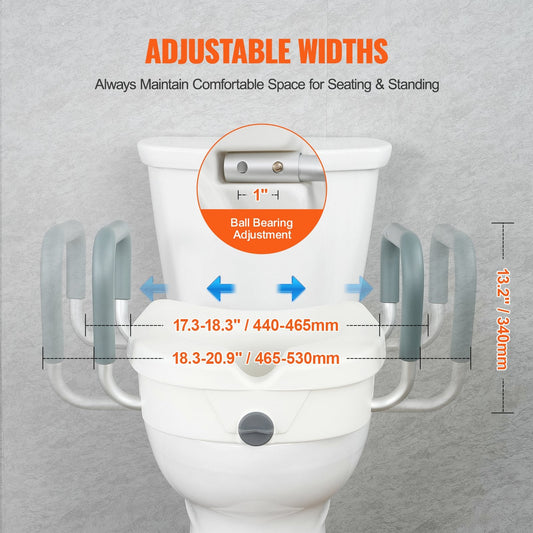 Adjustable Elevated Toilet Seat with Armrests, 127mm Height, 158.7kg Capacity