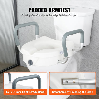 Adjustable Elevated Toilet Seat with Armrests, 127mm Height, 158.7kg Capacity