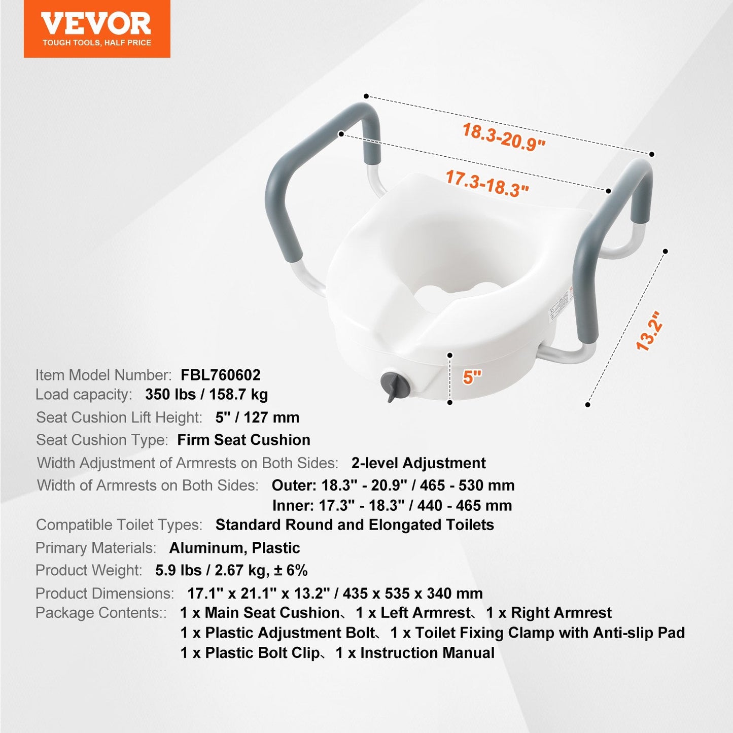 Adjustable Elevated Toilet Seat with Armrests, 127mm Height, 158.7kg Capacity