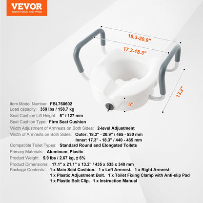 Adjustable Elevated Toilet Seat with Armrests, 127mm Height, 158.7kg Capacity