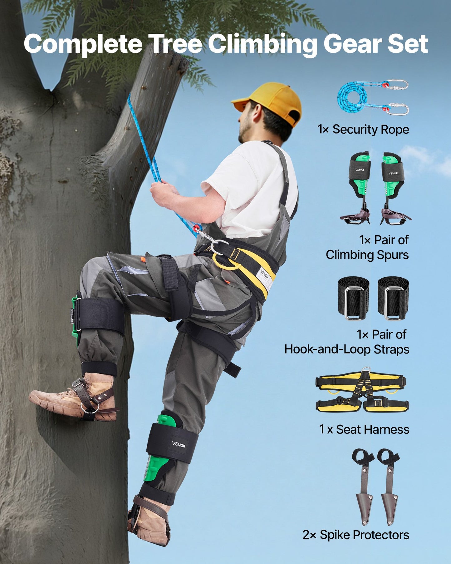 Tree Climbing Spikes Set, Height-Adjustable Tree Climbing Gear with Straps & Spike Protectors, 159 kg Load Capacity, Heavy Duty Steel Climb Spurs Arborist Equipment for Fruit Picking Hunting