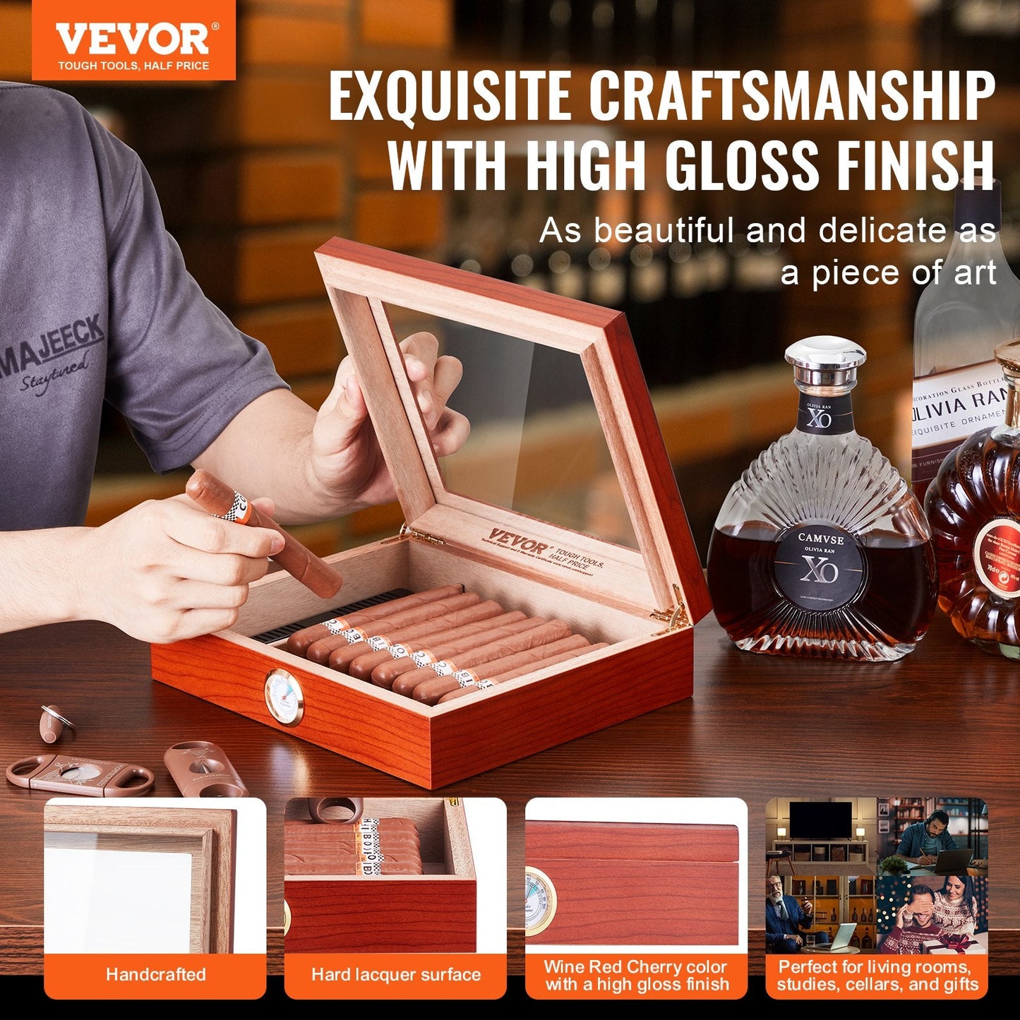 Handmade Spanish Cedar Cigar Humidor Box with Glass Top and Accessories
