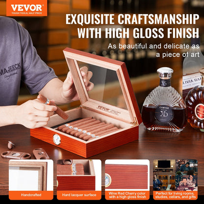 Handmade Spanish Cedar Cigar Humidor Box with Glass Top and Accessories