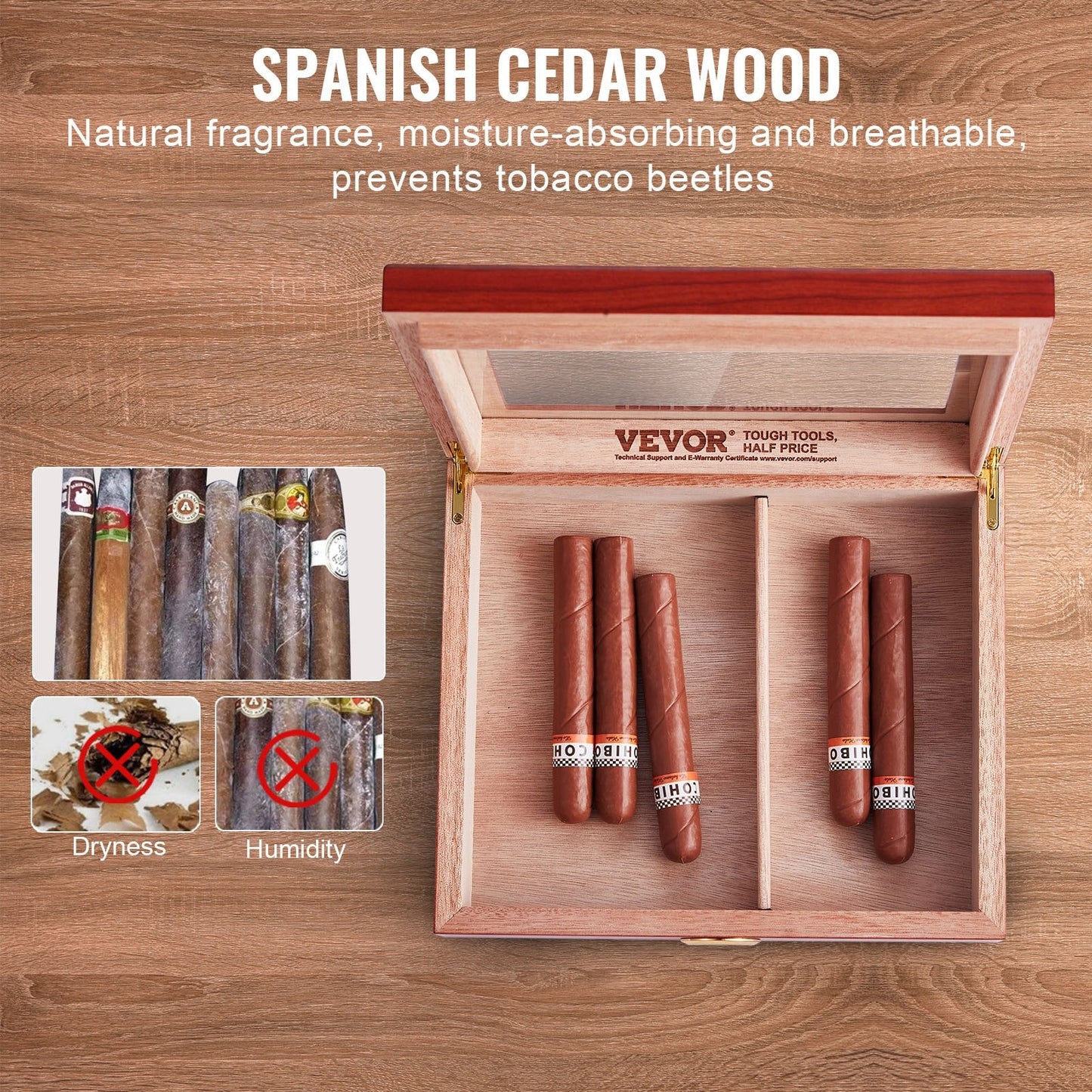 Handmade Spanish Cedar Cigar Humidor Box with Glass Top and Accessories