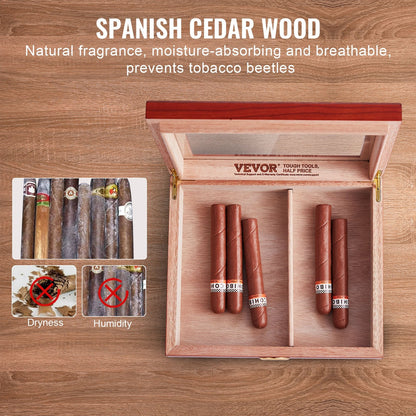 Handmade Spanish Cedar Cigar Humidor Box with Glass Top and Accessories