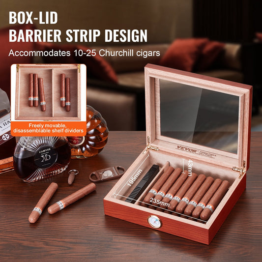 Handmade Spanish Cedar Cigar Humidor Box with Glass Top and Accessories