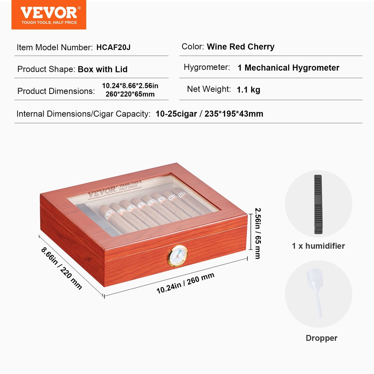 VEVOR Cigar Humidor, Glass Top Cigar Humidor Box, Handmade Spanish Cedar Wood Cigar