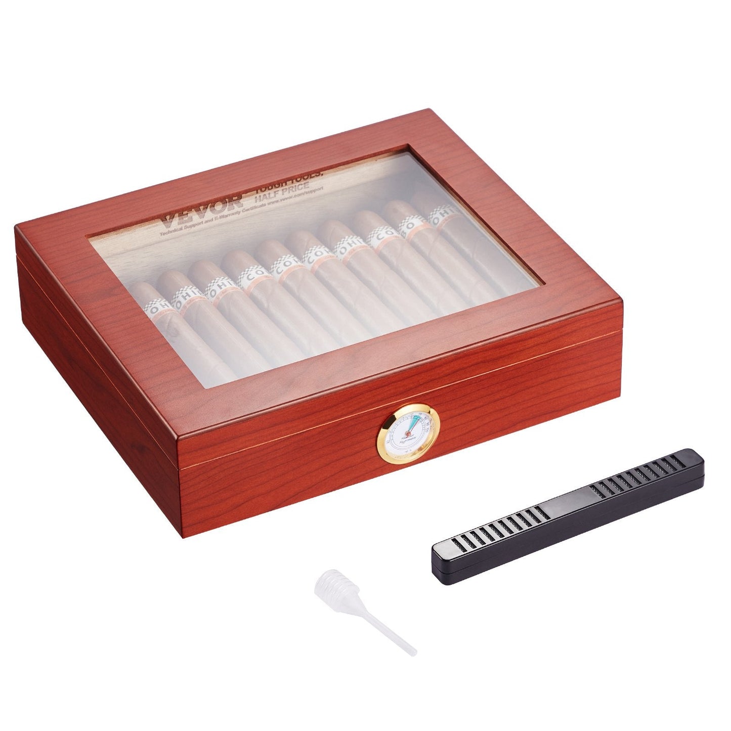 Handmade Spanish Cedar Cigar Humidor Box with Glass Top and Accessories