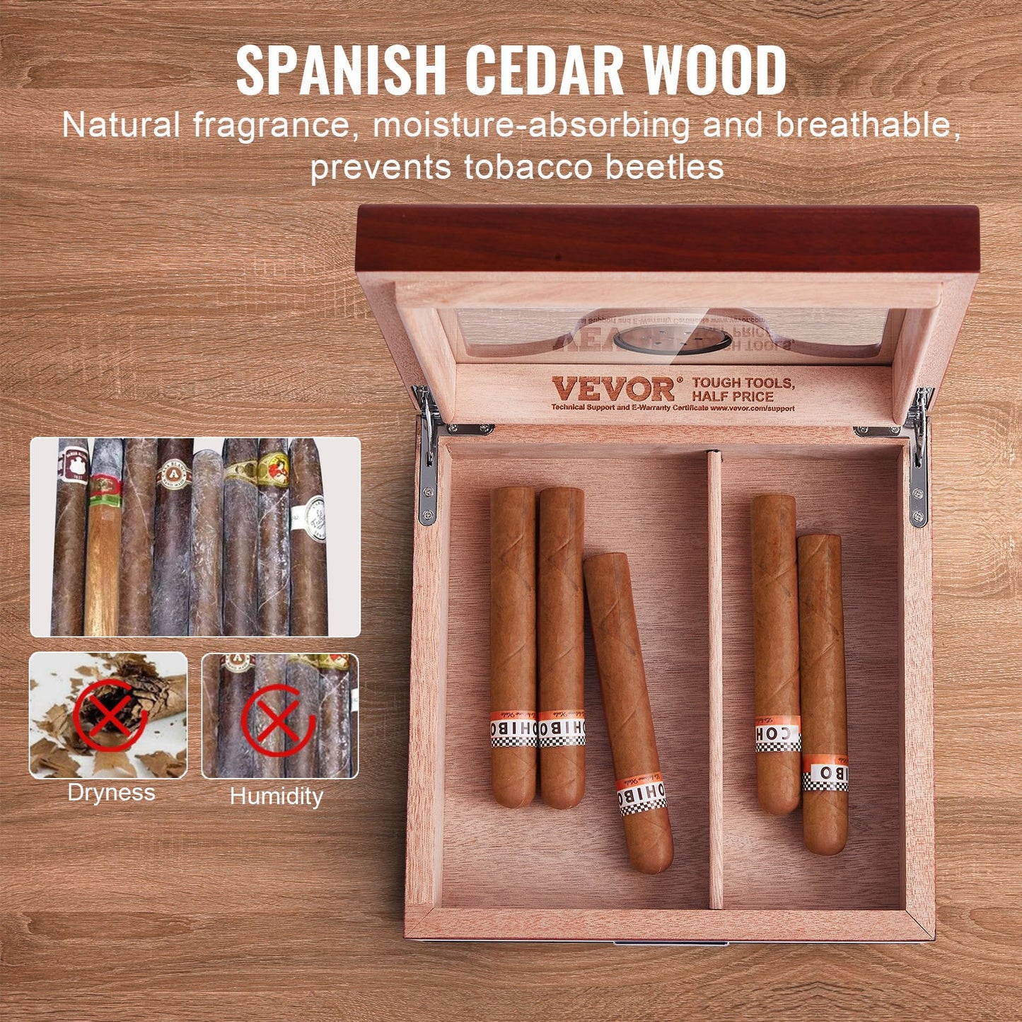 VEVOR Cigar Humidor, Glass Top Cigar Humidor Box, Handmade Spanish Cedar Wood Cigar