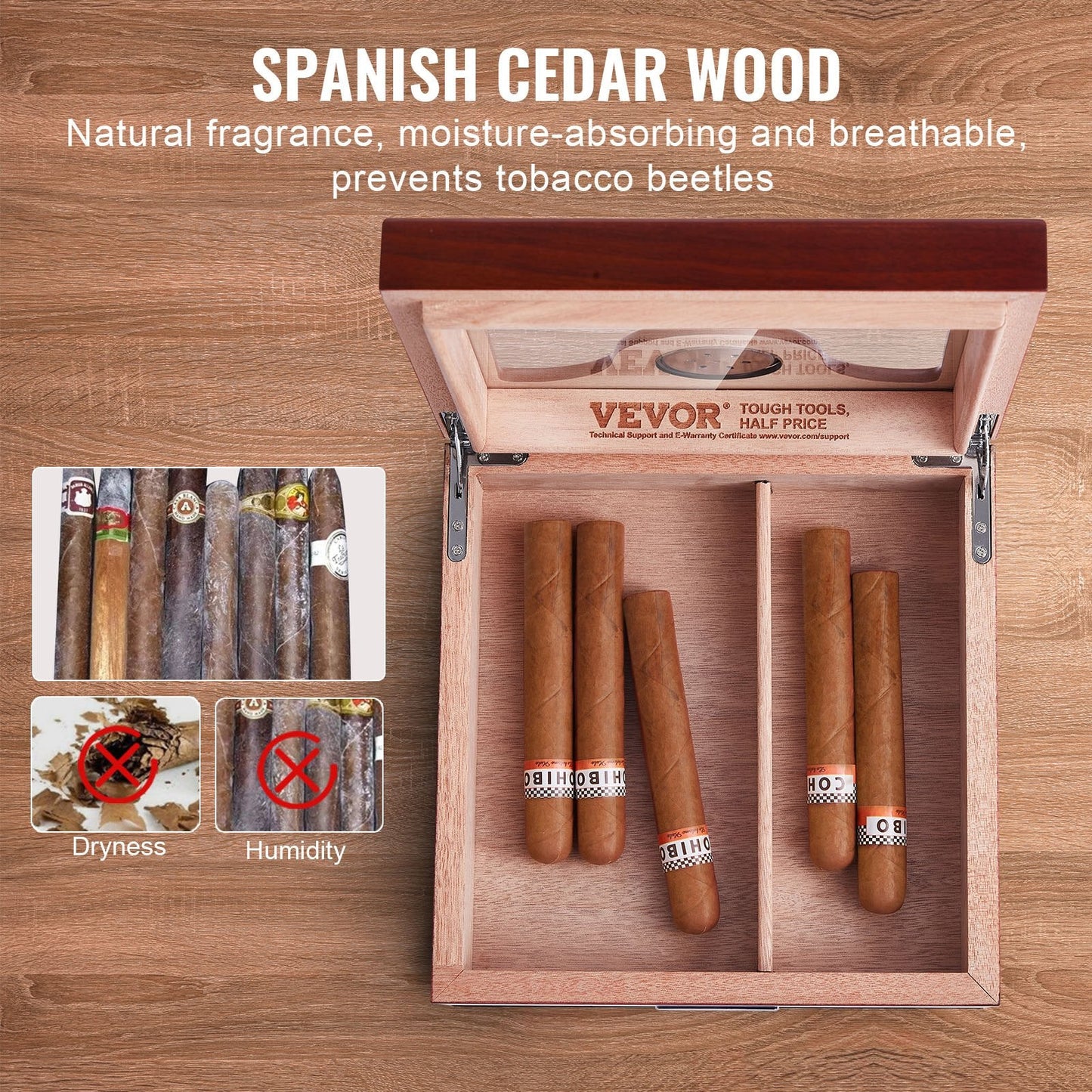 Handcrafted Spanish Cedar Cigar Humidor with Glass Top and Accessory Drawer