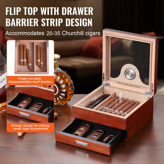 Handcrafted Spanish Cedar Cigar Humidor with Glass Top and Accessory Drawer