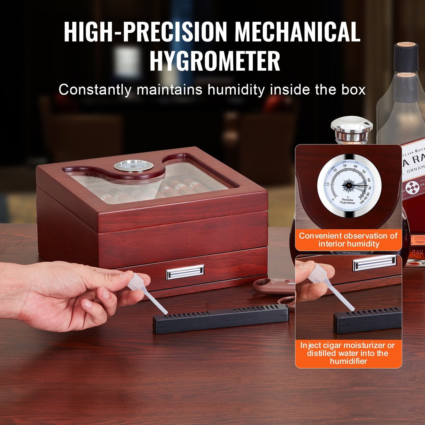 Handcrafted Spanish Cedar Cigar Humidor with Glass Top and Accessory Drawer