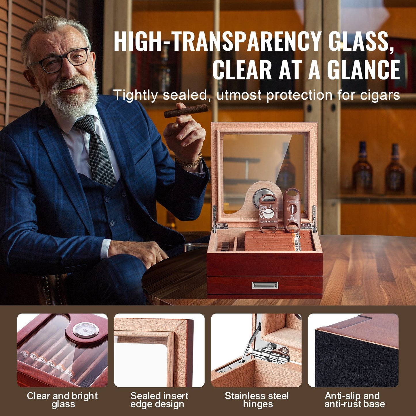 Handcrafted Spanish Cedar Cigar Humidor with Glass Top and Accessory Drawer