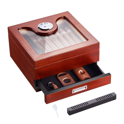 Handcrafted Spanish Cedar Cigar Humidor with Glass Top and Accessory Drawer