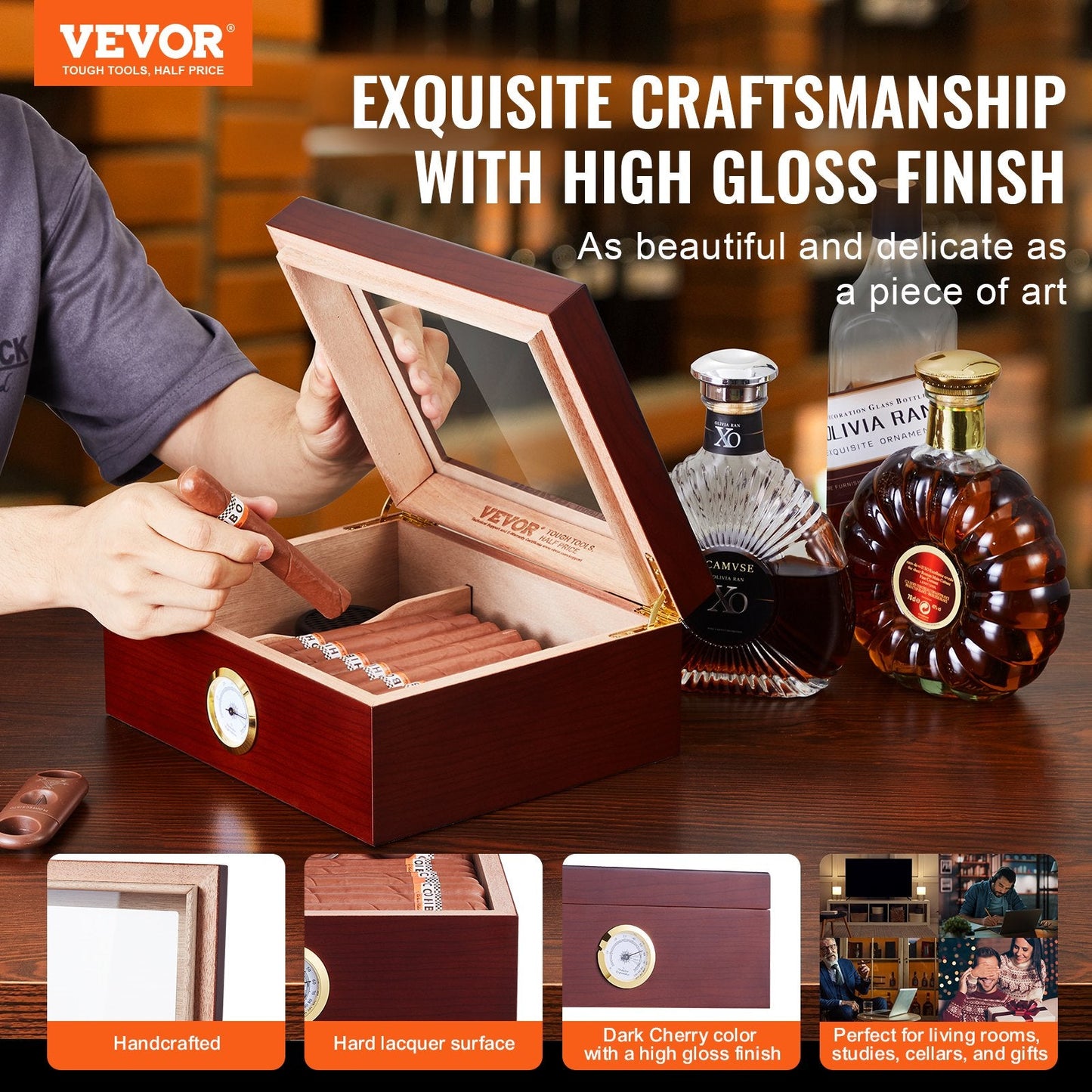 Handcrafted Cedar Cigar Humidor with Glass Top for 30-50 Cigars, Gift for Men