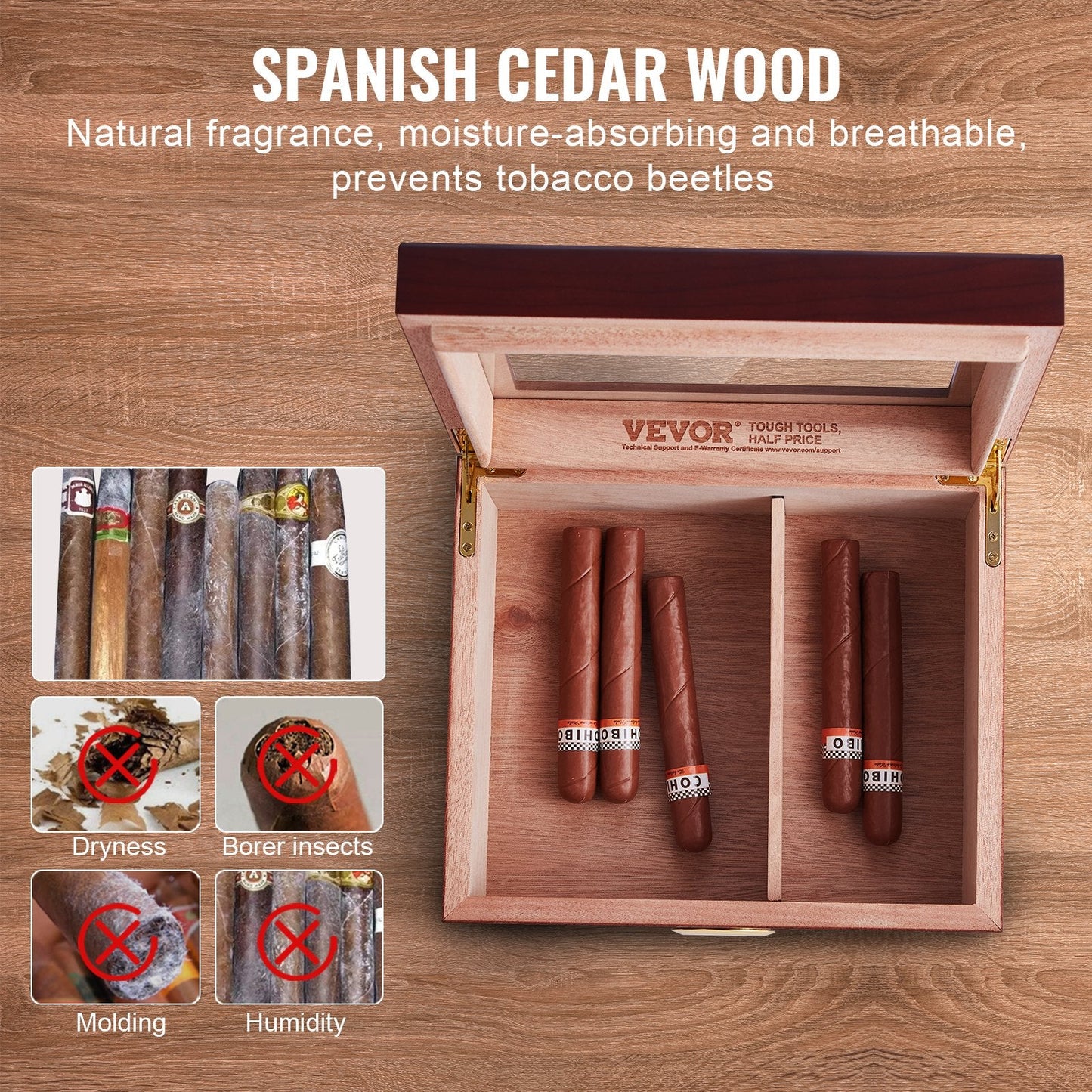 Handcrafted Cedar Cigar Humidor with Glass Top for 30-50 Cigars, Gift for Men