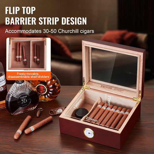 Handcrafted Cedar Cigar Humidor with Glass Top for 30-50 Cigars, Gift for Men