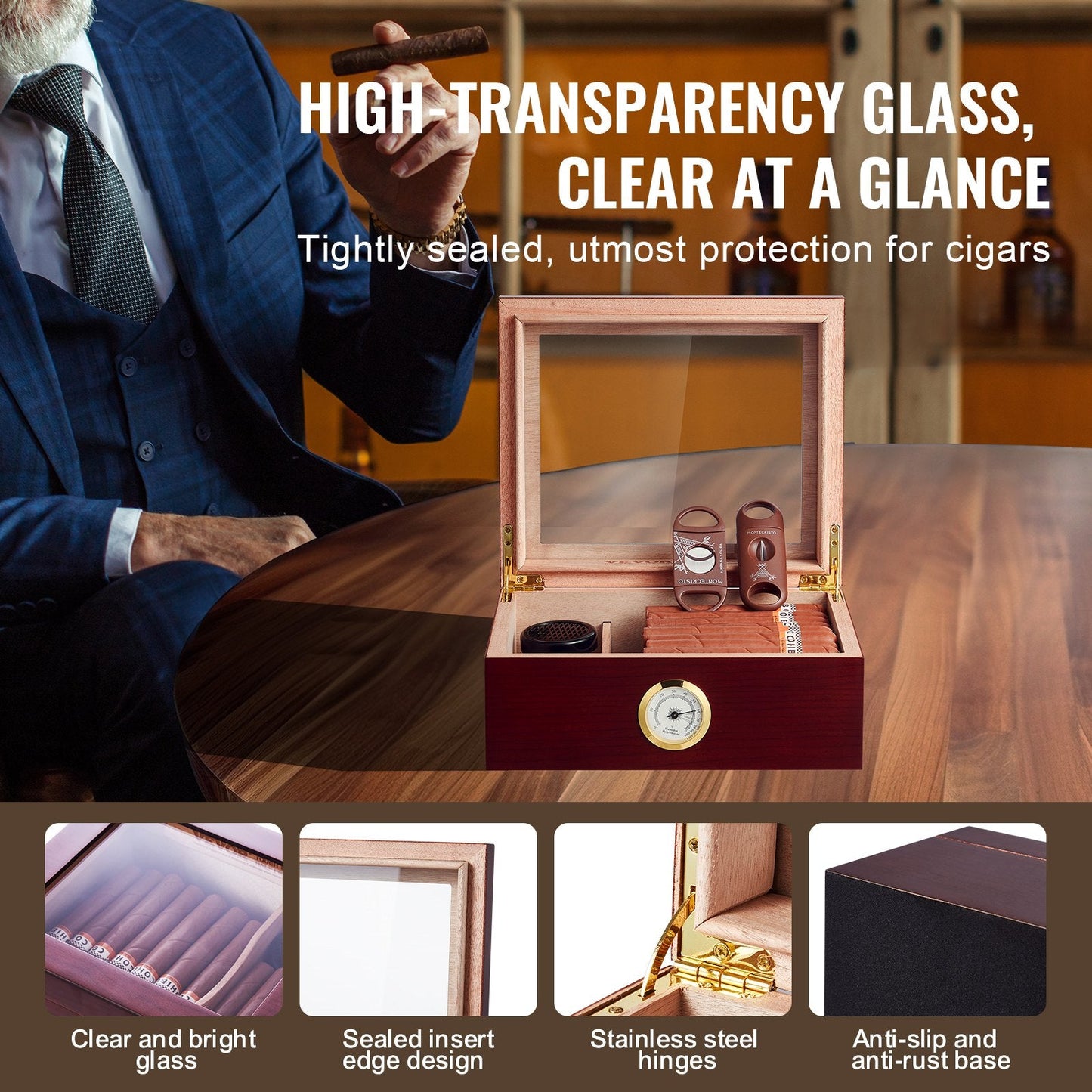 Handcrafted Cedar Cigar Humidor with Glass Top for 30-50 Cigars, Gift for Men